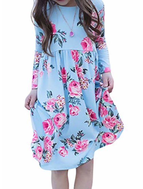 Blibea Girls Floral Print Long Sleeve Boho Empire Waist Midi Dress with Pockets