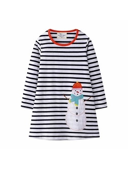 Hongshilian Toddler Girls Longsleeve Dress Cotton Jersey Casual Dresses Cartoon Applique