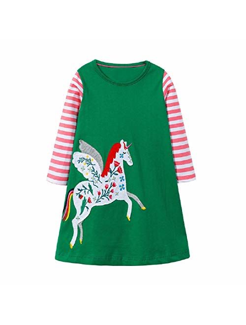 Hongshilian Toddler Girls Longsleeve Dress Cotton Jersey Casual Dresses Cartoon Applique