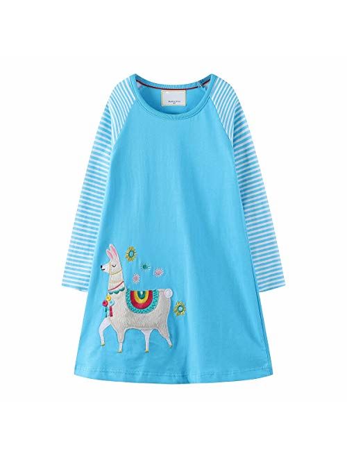 Hongshilian Toddler Girls Longsleeve Dress Cotton Jersey Casual Dresses Cartoon Applique