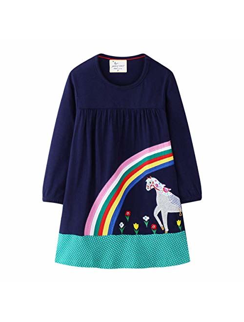 Hongshilian Toddler Girls Longsleeve Dress Cotton Jersey Casual Dresses Cartoon Applique