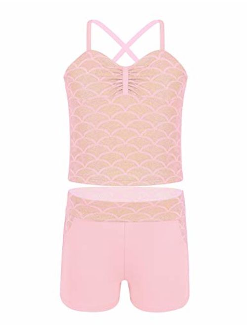 moily Girls' Shiny Mermaid Tankini Set Fishscale Tank Top with Booty Shorts Gymnastic Dance Leotard Swimwear