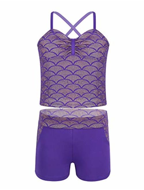 moily Girls' Shiny Mermaid Tankini Set Fishscale Tank Top with Booty Shorts Gymnastic Dance Leotard Swimwear