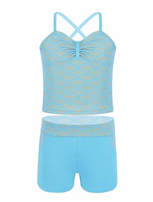 moily Girls' Shiny Mermaid Tankini Set Fishscale Tank Top with Booty Shorts Gymnastic Dance Leotard Swimwear