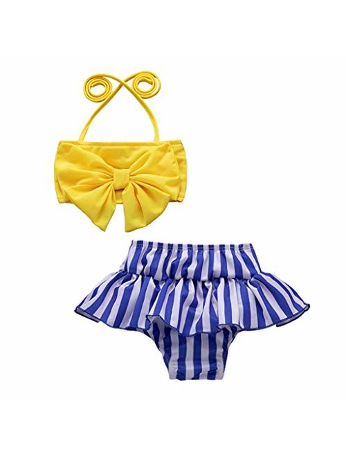 MALLOOM Kid Baby Girl Swimwear Toddler Striped Printed Bow Bikini Swimsuit Beach Set