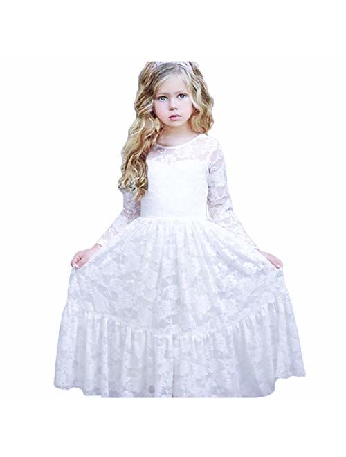 CQDY Lace Flower Girl Dress Long Sleeves Wedding Princess Dresses