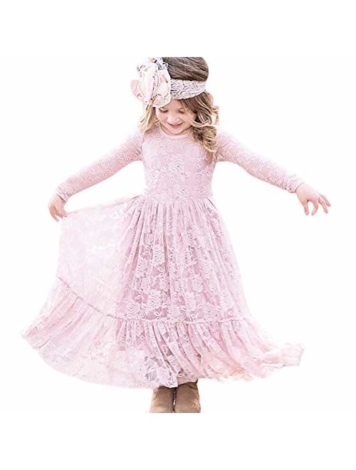 CQDY Lace Flower Girl Dress Long Sleeves Wedding Princess Dresses