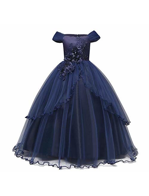 TTYAOVO Kids Prom Ball Gown Girl Lace Tulle Flower Princess Party Maxi Dress