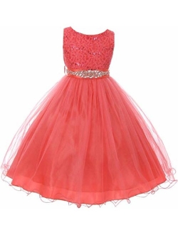 Glitter Rhinestone Shiny Tulle Beaded Sequin Easter Embellished Flowers Girls Dresses