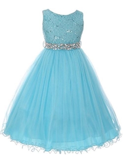 Glitter Rhinestone Shiny Tulle Beaded Sequin Easter Embellished Flowers Girls Dresses