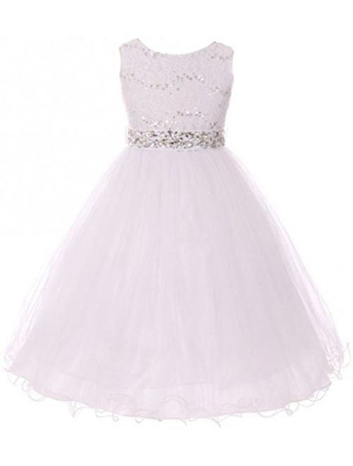 Glitter Rhinestone Shiny Tulle Beaded Sequin Easter Embellished Flowers Girls Dresses