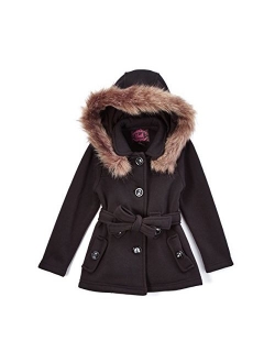 unik Girl Fleece Coat with Detachable Fur Lined Hood and Belt Black Fuchsia Grey Navy Red Burgundy