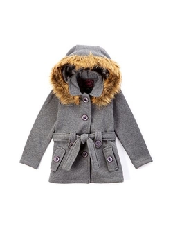 unik Girl Fleece Coat with Detachable Fur Lined Hood and Belt Black Fuchsia Grey Navy Red Burgundy