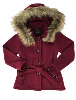 unik Girl Fleece Coat with Detachable Fur Lined Hood and Belt Black Fuchsia Grey Navy Red Burgundy