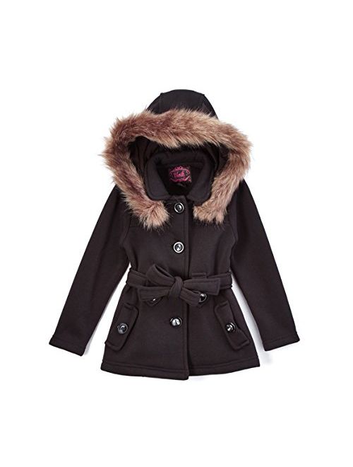 unik Girl Fleece Coat with Detachable Fur Lined Hood and Belt Black Fuchsia Grey Navy Red Burgundy