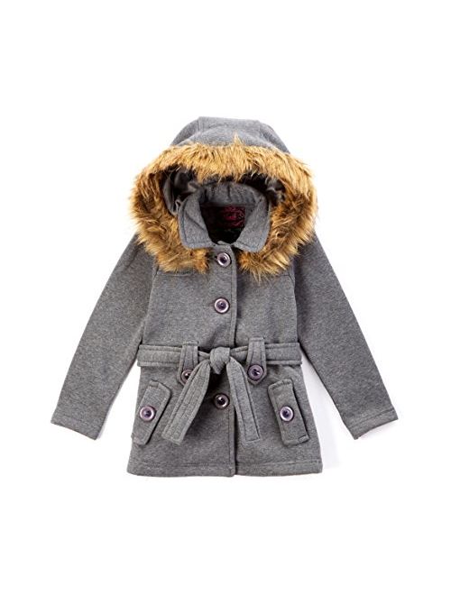 unik Girl Fleece Coat with Detachable Fur Lined Hood and Belt Black Fuchsia Grey Navy Red Burgundy