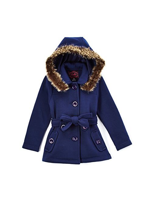 unik Girl Fleece Coat with Detachable Fur Lined Hood and Belt Black Fuchsia Grey Navy Red Burgundy