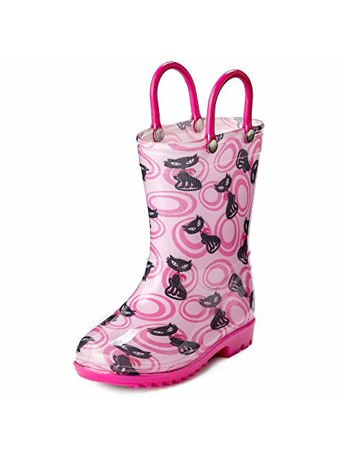 Puddle Play Toddler and Kids Rain Boots with Easy On Handles - Boys and Girls Colors and Designs