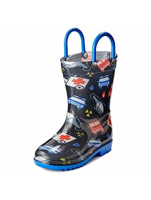 Puddle Play Toddler and Kids Rain Boots with Easy On Handles - Boys and Girls Colors and Designs