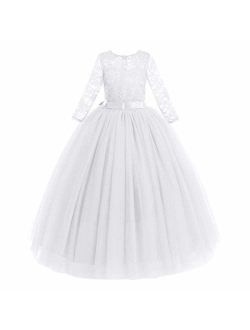 IWEMEK Girls 3/4 Sleeve Tulle Lace Flower Wedding Bridesmaid Dress Floor Length A Line Formal Pageant Long Prom Evening Gown