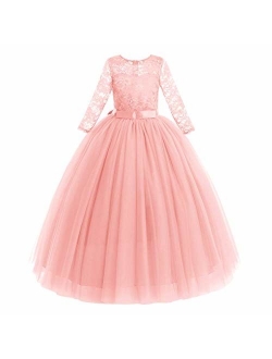 IWEMEK Girls 3/4 Sleeve Tulle Lace Flower Wedding Bridesmaid Dress Floor Length A Line Formal Pageant Long Prom Evening Gown