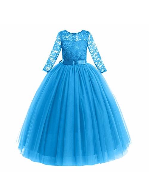 IWEMEK Girls 3/4 Sleeve Tulle Lace Flower Wedding Bridesmaid Dress Floor Length A Line Formal Pageant Long Prom Evening Gown