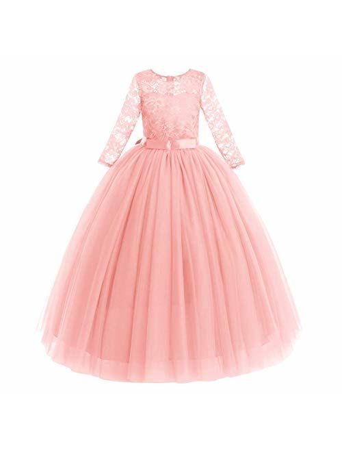 IWEMEK Girls 3/4 Sleeve Tulle Lace Flower Wedding Bridesmaid Dress Floor Length A Line Formal Pageant Long Prom Evening Gown