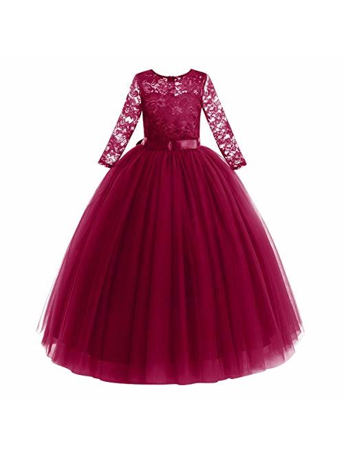 IWEMEK Girls 3/4 Sleeve Tulle Lace Flower Wedding Bridesmaid Dress Floor Length A Line Formal Pageant Long Prom Evening Gown