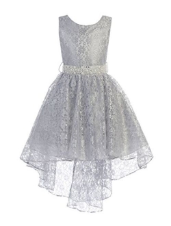 iGirlDress High Low Lace Dress with Rhinestones Belt Pageant Flower Girl Dress Size 2-20