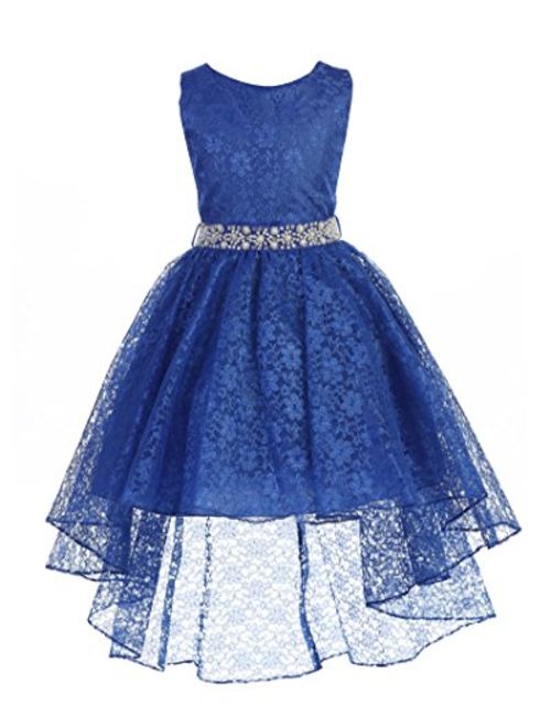 iGirlDress High Low Lace Dress with Rhinestones Belt Pageant Flower Girl Dress Size 2-20