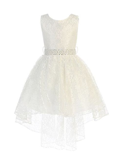 iGirlDress High Low Lace Dress with Rhinestones Belt Pageant Flower Girl Dress Size 2-20