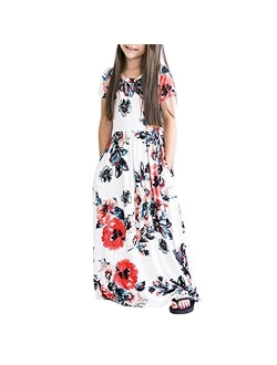 WensLTD Girls Floral Flared Pocket Maxi Three-Quarter Sleeves Long Maxi Princess Party Dress