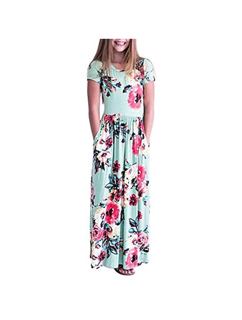 WensLTD Girls Floral Flared Pocket Maxi Three-Quarter Sleeves Long Maxi Princess Party Dress