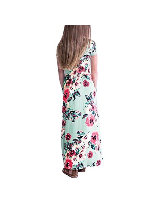 WensLTD Girls Floral Flared Pocket Maxi Three-Quarter Sleeves Long Maxi Princess Party Dress