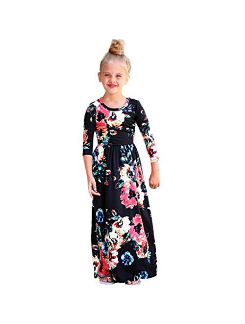 WensLTD Girls Floral Flared Pocket Maxi Three-Quarter Sleeves Long Maxi Princess Party Dress