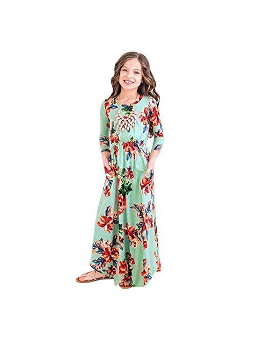 WensLTD Girls Floral Flared Pocket Maxi Three-Quarter Sleeves Long Maxi Princess Party Dress