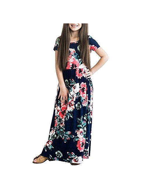 WensLTD Girls Floral Flared Pocket Maxi Three-Quarter Sleeves Long Maxi Princess Party Dress