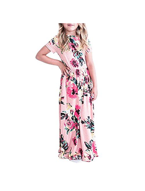 WensLTD Girls Floral Flared Pocket Maxi Three-Quarter Sleeves Long Maxi Princess Party Dress