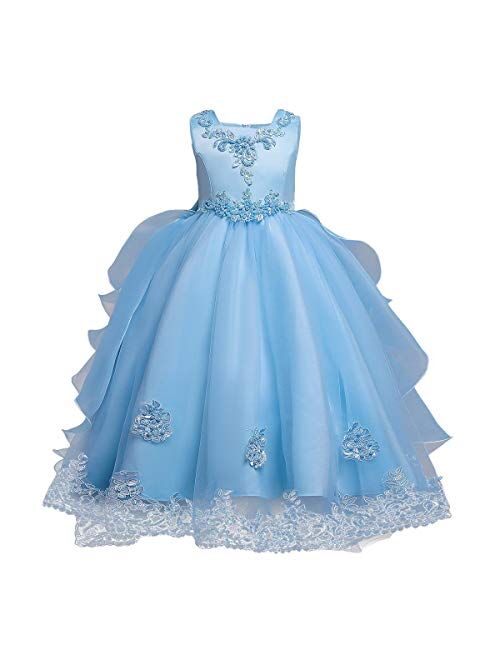 IBTOM CASTLE Little Big Girl Flower Tulle Dress Princess Pageant Birthday Party Wedding Formal Floor Long Dance Evening Maxi Gown