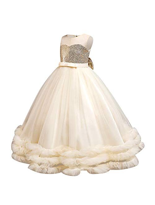 IBTOM CASTLE Little Big Girl Flower Tulle Dress Princess Pageant Birthday Party Wedding Formal Floor Long Dance Evening Maxi Gown