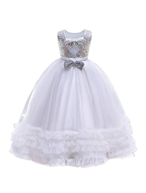 IBTOM CASTLE Little Big Girl Flower Tulle Dress Princess Pageant Birthday Party Wedding Formal Floor Long Dance Evening Maxi Gown