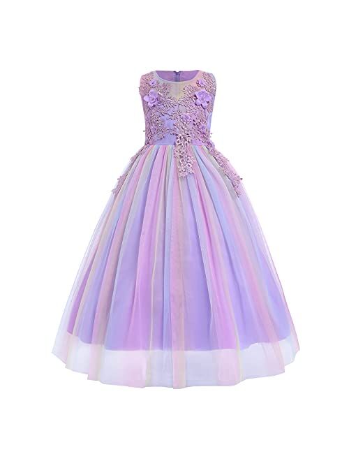 IBTOM CASTLE Little Big Girl Flower Tulle Dress Princess Pageant Birthday Party Wedding Formal Floor Long Dance Evening Maxi Gown