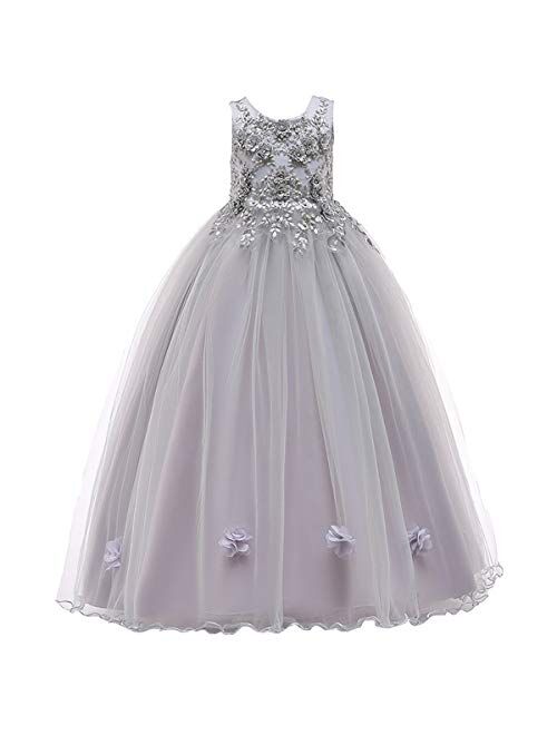 IBTOM CASTLE Little Big Girl Flower Tulle Dress Princess Pageant Birthday Party Wedding Formal Floor Long Dance Evening Maxi Gown