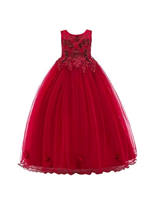 IBTOM CASTLE Little Big Girl Flower Tulle Dress Princess Pageant Birthday Party Wedding Formal Floor Long Dance Evening Maxi Gown