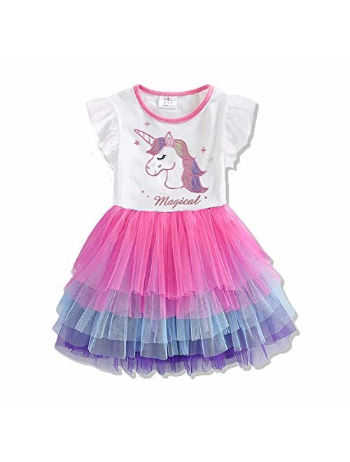 DXTON Toddler Girls Summer Dresses Short Sleeve Tutu Dress for 2-8 Years Girls