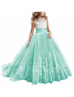 FYMNSI Flowers Girls Applique Tulle Lace Wedding Dress First Communion Birthday Christmas Prom Ball Gown 2-13T