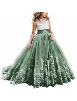 FYMNSI Flowers Girls Applique Tulle Lace Wedding Dress First Communion Birthday Christmas Prom Ball Gown 2-13T