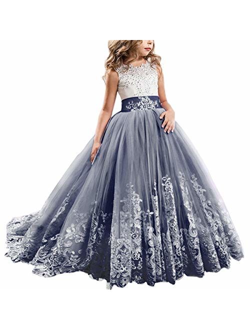 FYMNSI Flowers Girls Applique Tulle Lace Wedding Dress First Communion Birthday Christmas Prom Ball Gown 2-13T