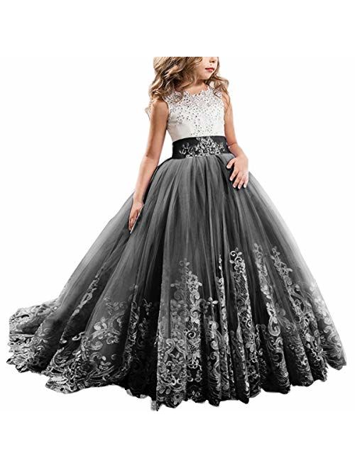 FYMNSI Flowers Girls Applique Tulle Lace Wedding Dress First Communion Birthday Christmas Prom Ball Gown 2-13T