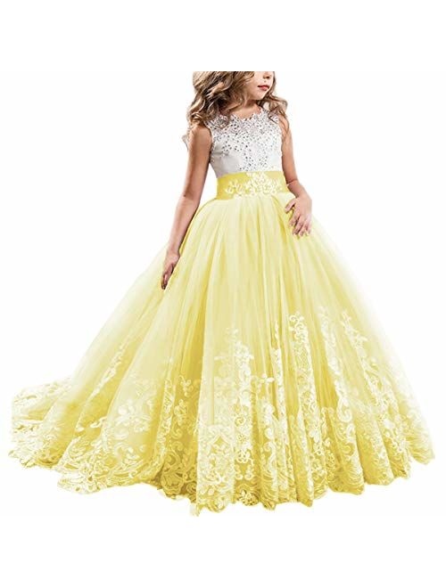 FYMNSI Flowers Girls Applique Tulle Lace Wedding Dress First Communion Birthday Christmas Prom Ball Gown 2-13T